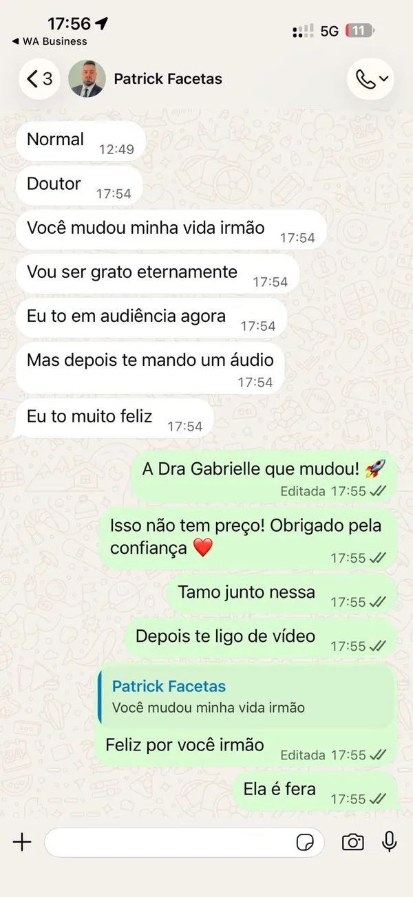 Mensagem de um paciente no WhatsApp agradecendo a Dra. Gabrielle