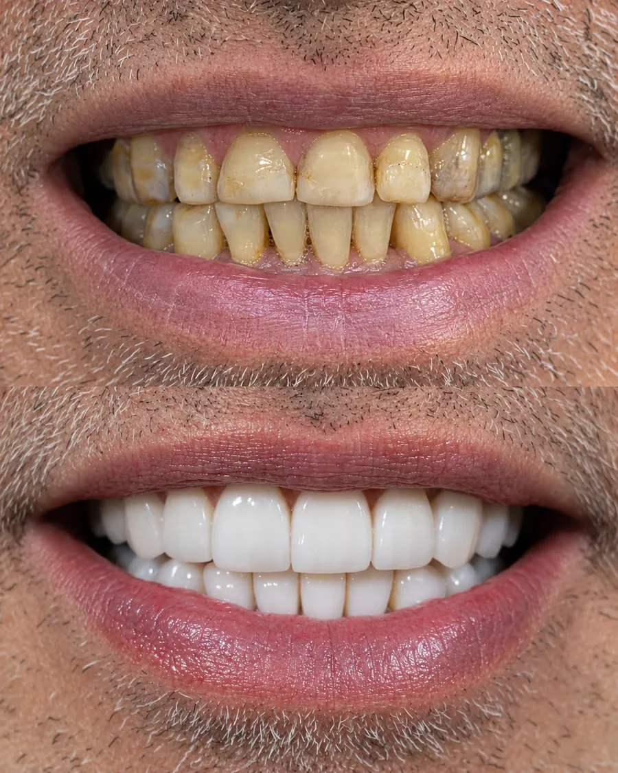 Lentes em resina, caso 3: sorriso antes (em cima) e depois (embaixo)