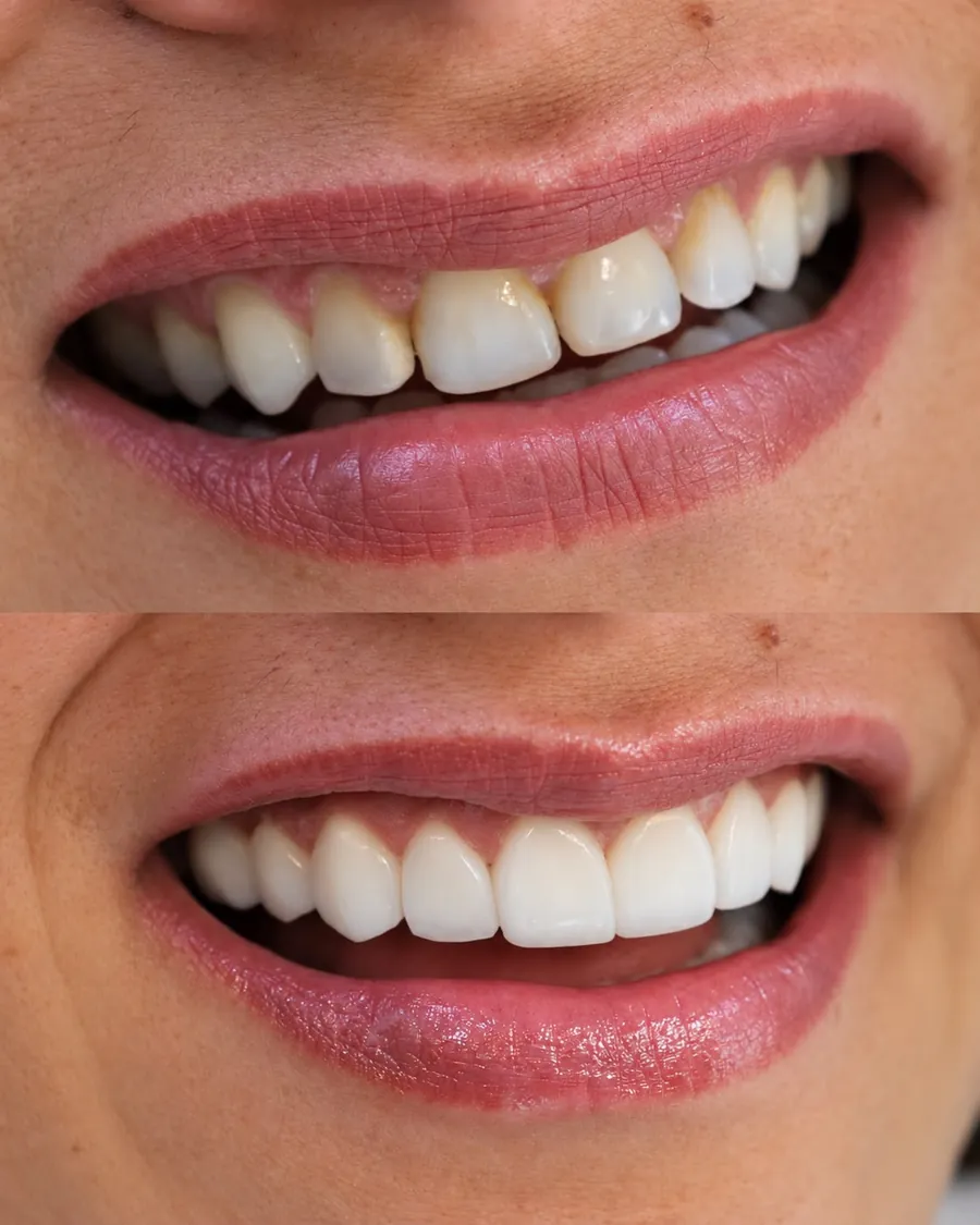 Lentes em resina, caso 4: sorriso antes (em cima) e depois (embaixo)